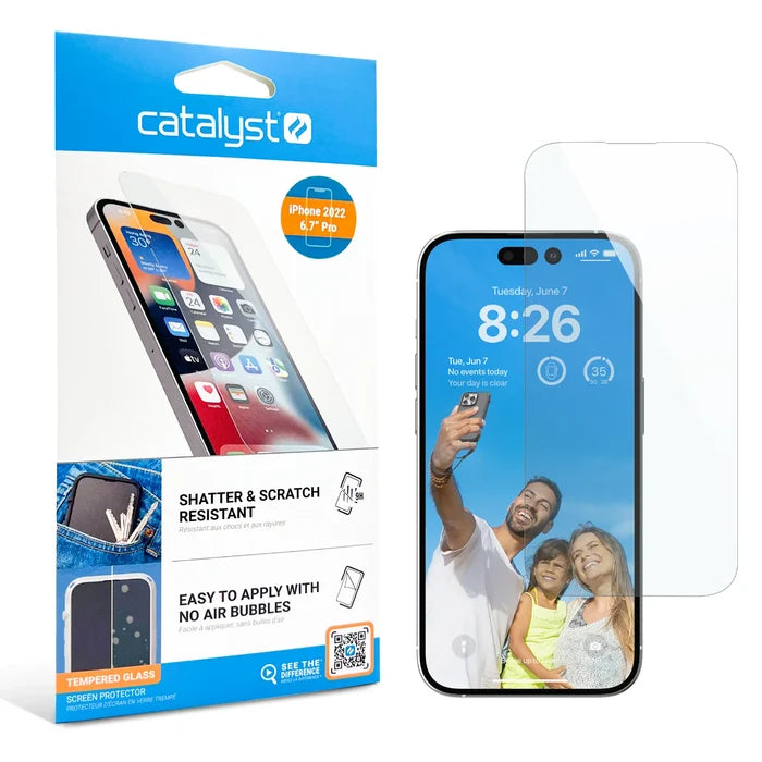 A Catalyst Case US iPhone 14 Pro Max - Tempered Glass Screen Protector is shown in packaging next to a phone with a family selfie. The clear tempered glass screen protector sits on the right, ready for application.