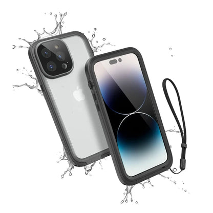 The Catalyst Case US iPhone 14 Pro Max Waterproof Case offers total protection, shown enclosing the phone with water splashes, a clear back revealing the Apple logo and triple camera, plus a black wrist strap attached.