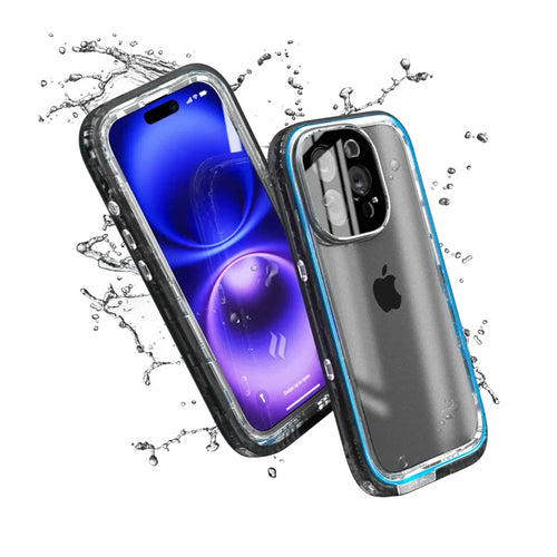 Two iPhone 16 Pro devices in Catalyst Case US Waterproof Cases are shown with water splashing, highlighting total protection. One displays a blue screen, while the other shows the Apple logo and camera, emphasizing water resistance and durability.