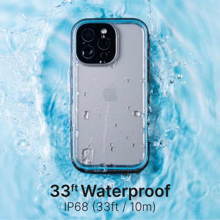 The Catalyst Waterproof Case for iPhone 16 Pro Max, in black, is shown submerged in water with text highlighting its IP68 protectionÃƒÂ¢Ã¢â€šÂ¬Ã¢â‚¬Âwaterproof up to 33ft/10m.