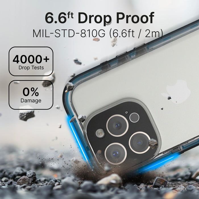 Close-up of a black Catalyst iPhone 16 Pro Max - Waterproof Case, shielding against flying debris. Text highlights drop-proof feature up to 2 meters, MIL-STD-810G standard, over 4000 drop tests, and 0% damageÃƒÂ¢Ã¢â€šÂ¬Ã¢â‚¬Âensuring total protection and shock proofing.