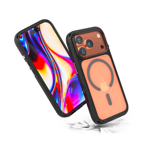 A close-up of an iPhone 17 Pro in the Catalyst Case US Influence Case, Stealth Black, MagSafe compatible with military-grade drop protection (Pre-Order).