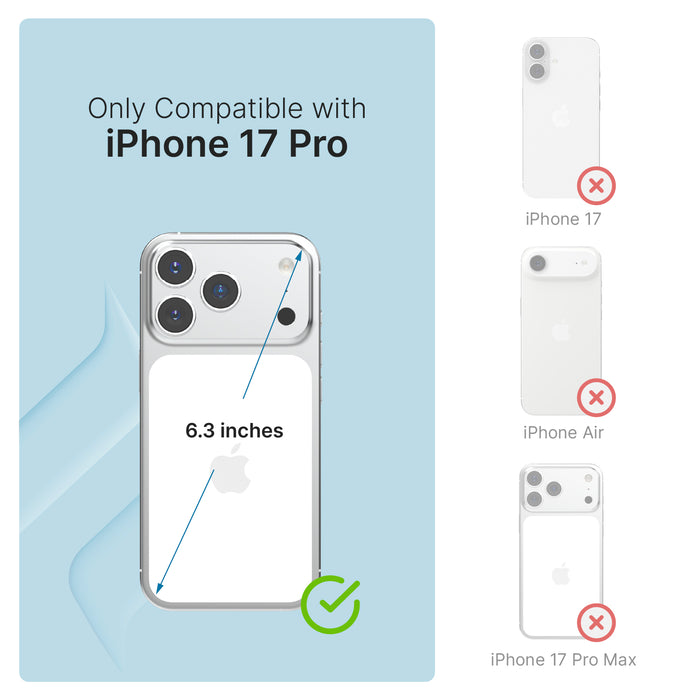 Image features the Catalyst Case US Influence Case for iPhone 17 Pro (6.3"), MagSafe compatible, with Thermo-Flow cooling vents and a green check for fit; other devices have red Xs to show they're not compatible. Pre-order available.