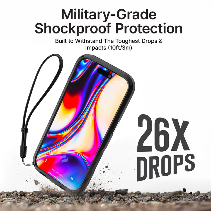 An iPhone 17 Pro in the Catalyst Case US Influence Case (MagSafe Compatible, Pre-Order) with a wrist strap sits on rough ground. Text above says "Military-Grade Shockproof Protection" and "26x Drops, 10ft (3m)".
