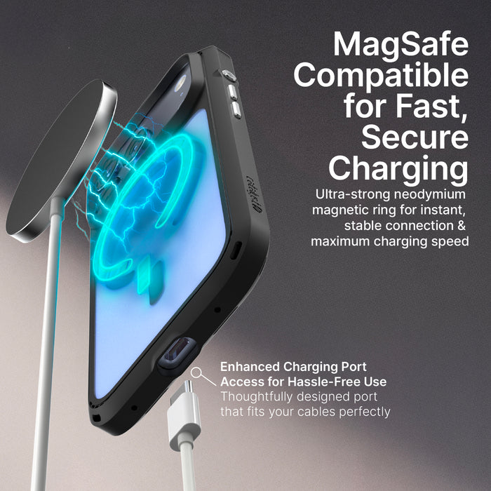 The Catalyst Case US iPhone 17 Pro - Influence Case (MagSafe Compatible, Pre-Order) features a glowing blue ring for MagSafe charging, Thermo-Flow cooling vents, fast secure charging, and improved port access.