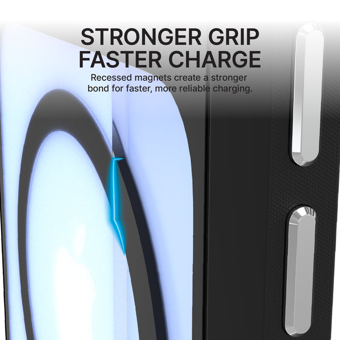 Close-up of Catalyst Case US Influence Case for iPhone 17 Pro Max (MagSafe Compatible, Pre-Order) shows magnets aligning with a charging pad. Text: "STRONGER GRIP FASTER CHARGE." Get faster charging and military-grade protection in one design.