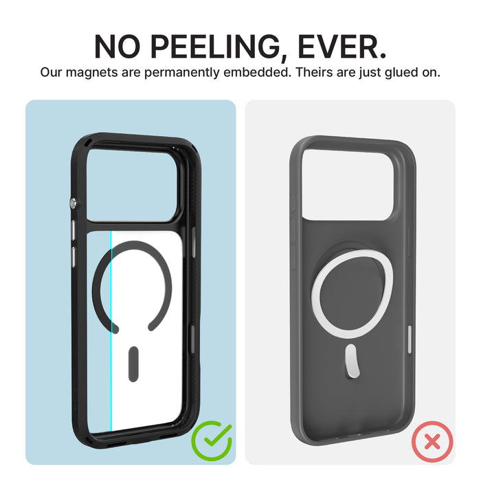 Split image: Left shows Catalyst Case US iPhone 17 Pro Max Influence Case, MagSafe Compatible (Pre-Order), blue/black with built-in magnets and green check. Right: black case with loose white ring magnet and red X. Above: "NO PEELING, EVER.