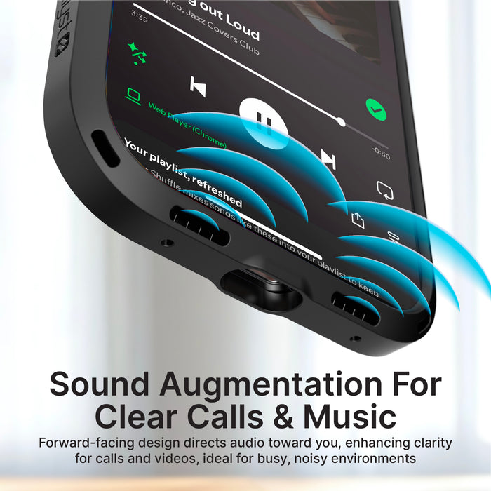 Close-up of Catalyst Case US Influence Case for iPhone 17 Pro (MagSafe Compatible, Pre-Order) in black. Blue sound waves emphasize “Sound Augmentation For Clear Calls & Music.” Features forward-facing design, military-grade drop protection.