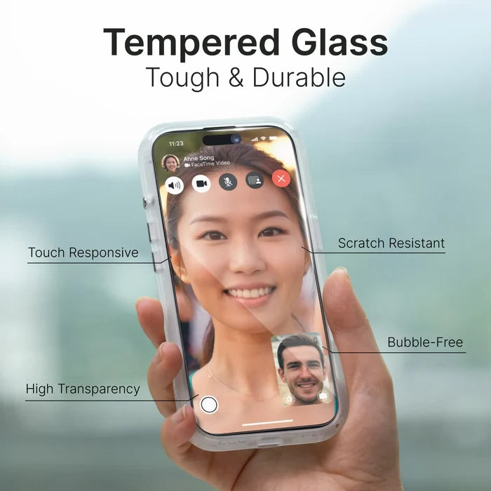 A hand holds an iPhone 16 Pro on a video call, showcasing Catalyst Case US Tempered Glass Screen Protector’s features: touch responsive, scratch resistant, bubble-free, and high transparency.