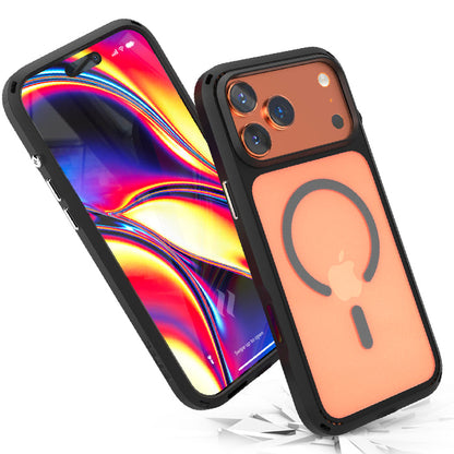 Two iPhone 17 Pro Max phones in orange Catalyst Case US Influence Cases (MagSafe Compatible, Pre-Order) are shown—one displays a colorful abstract wallpaper; the other shows the back with triple cameras and MagSafe symbol on a white surface.