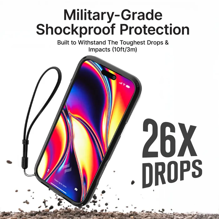 A smartphone in a Catalyst Case US Influence Case for iPhone 17 Pro Max (MagSafe Compatible, Pre-Order) is shown falling onto gravel. Text reads: “Withstands 26 Drops & 10ft/3m Impacts—Built for Tough Protection.”.