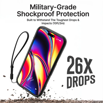 A smartphone in a Catalyst Case US Influence Case for iPhone 17 Pro Max (MagSafe Compatible, Pre-Order) is shown falling onto gravel. Text reads: “Withstands 26 Drops & 10ft/3m Impacts—Built for Tough Protection.”.