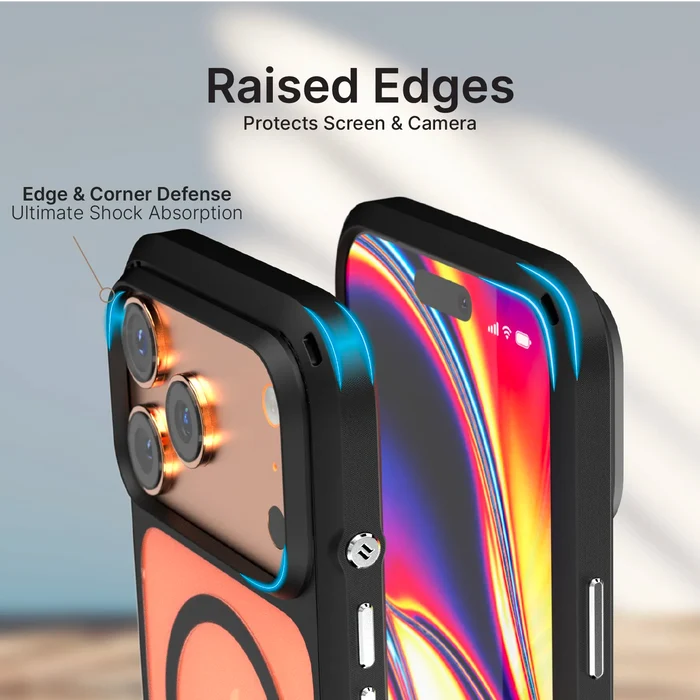 Two iPhone 17 Pro Max Influence Cases by Catalyst Case US are shown in black, with blue highlights around reinforced, raised edges for military-grade drop protection. Text notes the raised edges shield the screen and camera, ensuring reliable shock absorption. MagSafe compatible.