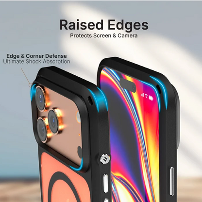 Two iPhone 17 Pro Max Influence Cases by Catalyst Case US are shown in black, with blue highlights around reinforced, raised edges for military-grade drop protection. Text notes the raised edges shield the screen and camera, ensuring reliable shock absorption. MagSafe compatible.