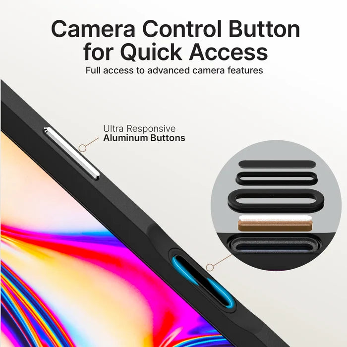 Close-up of the Catalyst Case US Influence Case for iPhone 17 Pro Max (MagSafe Compatible, Pre-Order) shows an ultra responsive aluminum camera button. Inset compares button types; a colorful edge and quick camera access are visible.