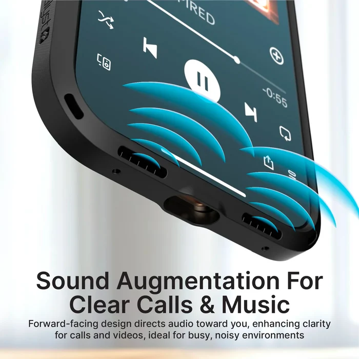 Close-up view of Catalyst Case US Influence Case for iPhone 17 Pro Max (MagSafe Compatible, Pre-Order) highlights sound waves from speakers and music controls, emphasizing audio clarity and military-grade drop protection. Text: "Sound Augmentation For Clear Calls & Music.