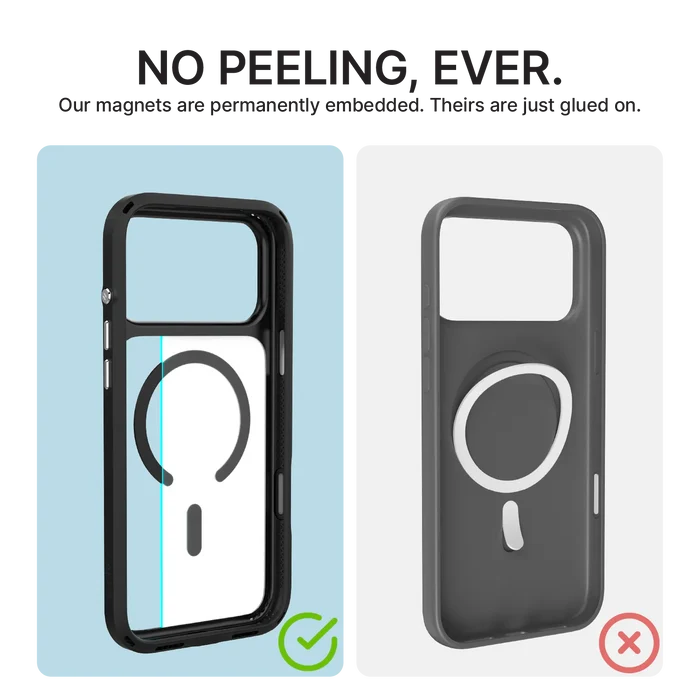 Compare Catalyst Case US iPhone 17 Pro Max Influence Case—MagSafe compatible with embedded magnets and military-grade drop protection—to others with glued-on rings that peel. Ours never peels; their magnets can come off.