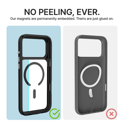 Compare Catalyst Case US iPhone 17 Pro Max Influence Case—MagSafe compatible with embedded magnets and military-grade drop protection—to others with glued-on rings that peel. Ours never peels; their magnets can come off.