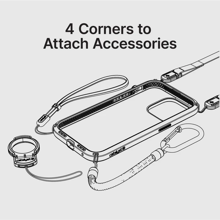 A black and white line drawing shows the Catalyst Case US iPhone 17 Pro Max - Influence Case (MagSafe Compatible, Pre-Order) with four corner attachment points for accessories: ring, wrist strap, lanyard, and carabiner. Text reads “4 Corners to Attach Accessories.”.