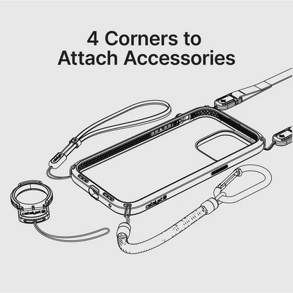 A black and white line drawing shows the Catalyst Case US iPhone 17 Pro Max - Influence Case (MagSafe Compatible, Pre-Order) with four corner attachment points for accessories: ring, wrist strap, lanyard, and carabiner. Text reads “4 Corners to Attach Accessories.”.