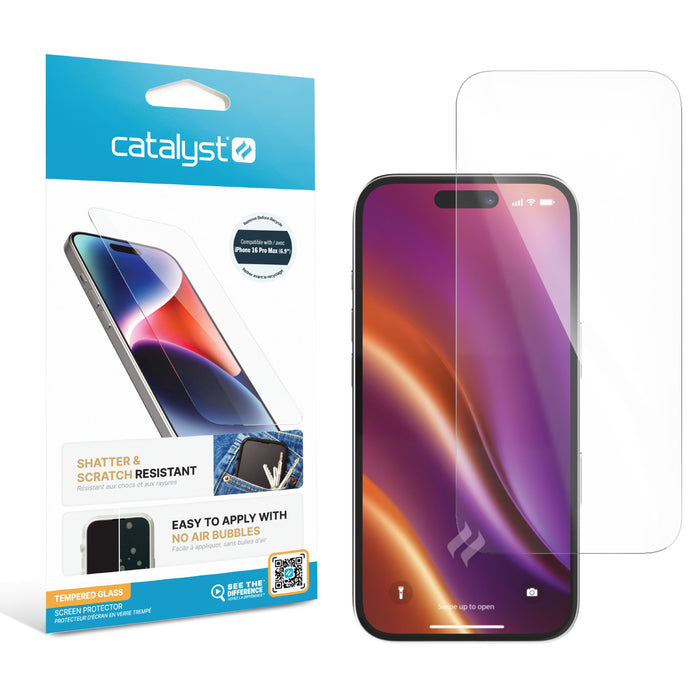 A Catalyst Case US iPhone 16 Pro Max - Tempered Glass Screen Protector kit is pictured, featuring "shatter & scratch resistant" benefits, with the protector partly positioned above the phone's display.