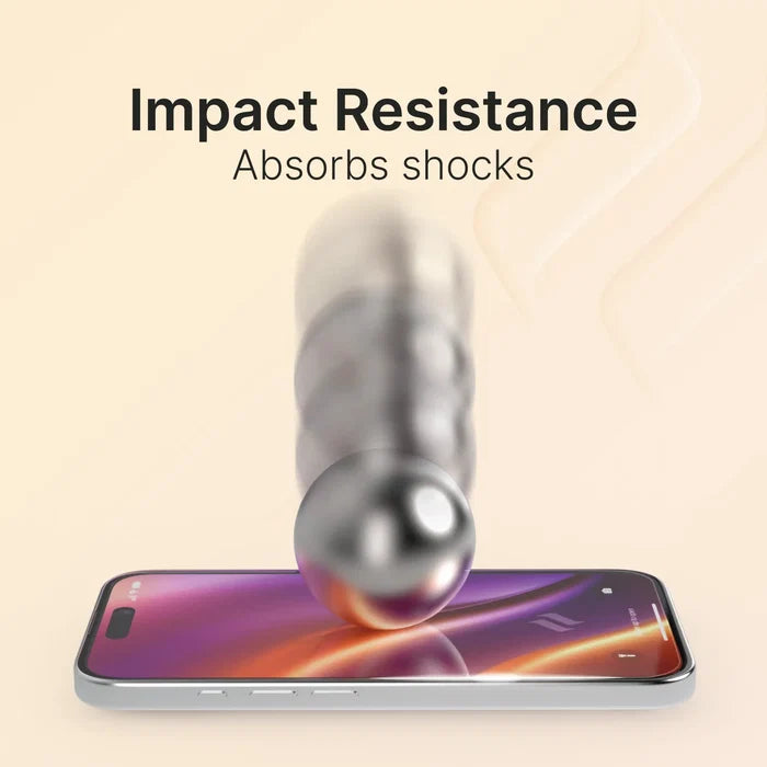 A metallic ball in multiple blurred positions falls onto a Catalyst Case US iPhone 16 Pro Max - Tempered Glass Screen Protector, illustrating impact resistance with the text “Impact Resistance Absorbs shocks.” The phone lies flat to show screen durability.