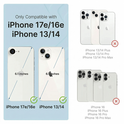 The infographic displays Catalyst Case US’s iPhone 17e/16e/14/13 Crux Case (6.1", MagSafe compatible) and four incompatible models, using images and red Xs to highlight military-grade drop protection.