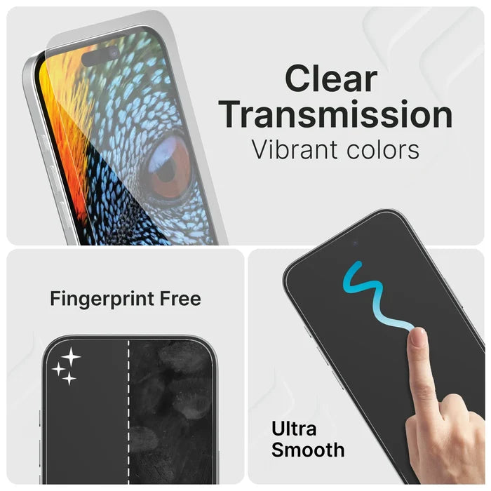 A collage for Catalyst Case US's iPhone 16e/14/13 Tempered Glass Screen Protector shows vivid colors, a fingerprint-free vs. smudged test, and drawing on the ultra-smooth surface. Text touts clear transmission and smooth touch for top user experience.
