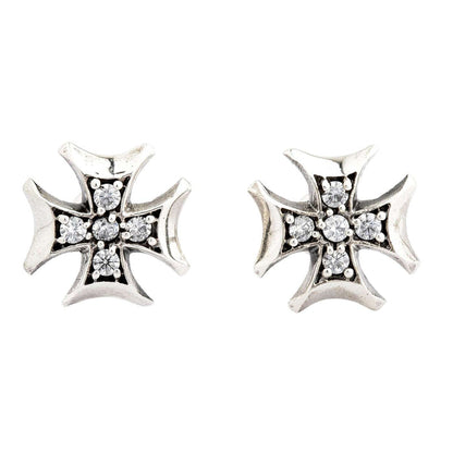 A pair of solid sterling silver iced-out Iron Cross earrings, brilliantly inlaid with sparkling clear CZ stones.