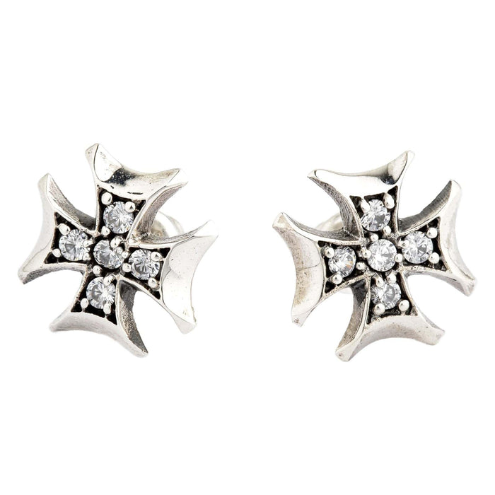 A classic pair of biker cross earrings in the iconic Iron Cross design, completely iced out with brilliant stones.