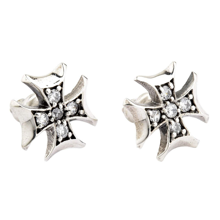 A premium pair of men's biker earrings in the shape of a sparkling, handcrafted, and iced-out Iron Cross.