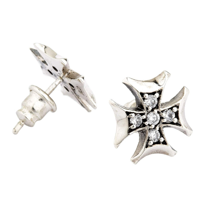 A premium piece of gothic jewelry: a pair of solid sterling silver Iron Cross earrings paved with brilliant CZ stones.