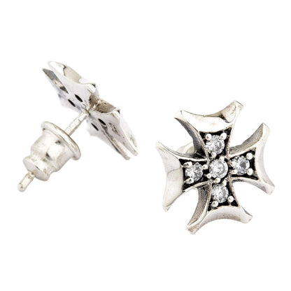 A premium piece of gothic jewelry: a pair of solid sterling silver Iron Cross earrings paved with brilliant CZ stones.