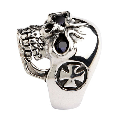 A profile shot of the blue eye skull ring, highlighting the iron cross and polished finish.
