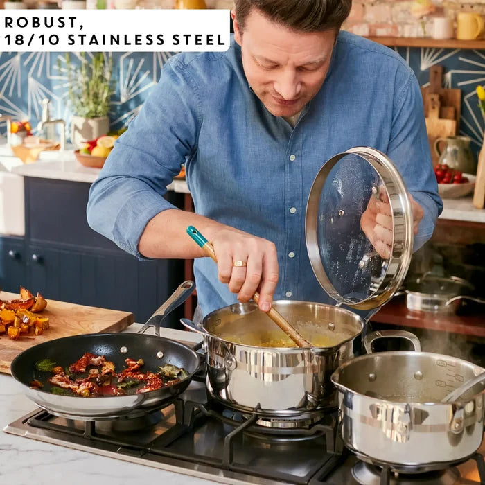 Jamie Oliver by Tefal Cook Smart Induction Stainless Steel 3pc Pot Set + Lids made from robust 18/10 stainless steel
