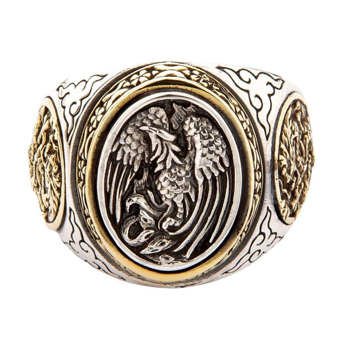A men's two-tone Japanese ring featuring a silver phoenix on the face and a golden brass dragon on the side.