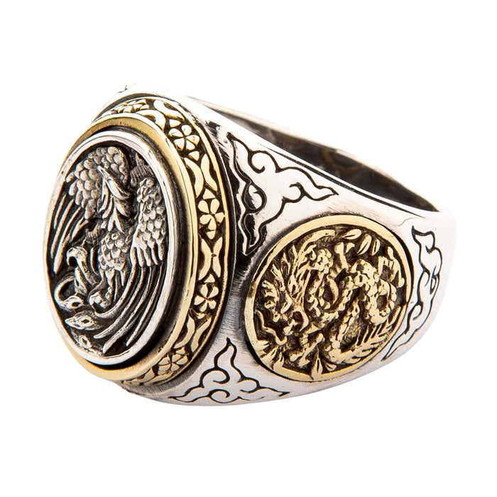 A Japanese mythology ring with a detailed Hō-ō (phoenix) on the face, handcrafted in sterling silver.
