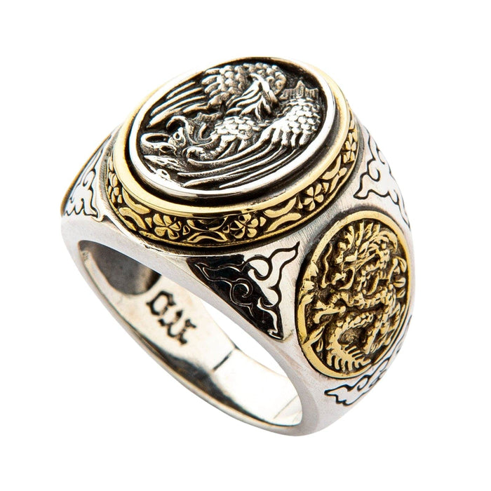 A two-tone biker ring featuring the celestial couple, the Phoenix and the Dragon, in silver and brass.