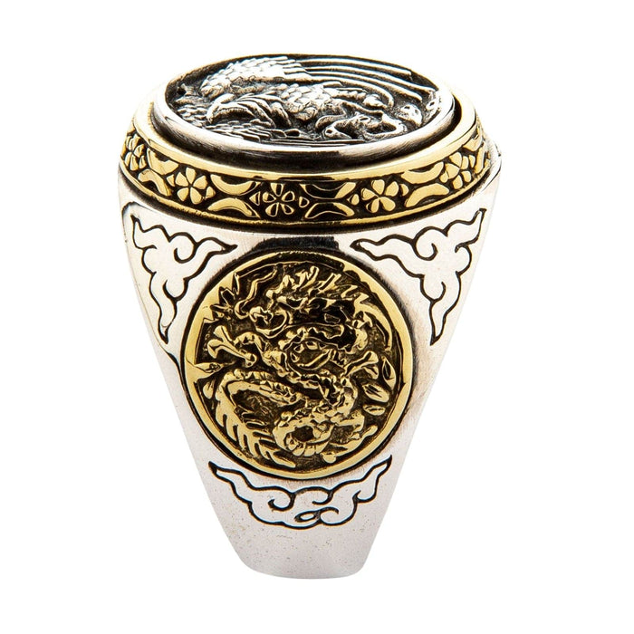 The side view of the signet ring, showcasing the intricate golden brass carving of a Japanese Ryū dragon.