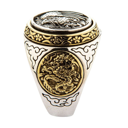 The side view of the signet ring, showcasing the intricate golden brass carving of a Japanese Ryū dragon.