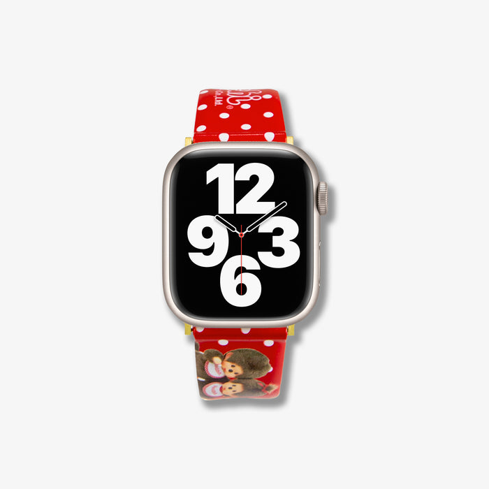 Red polka dot Apple Watch band with cartoon character design on a silver Apple Watch.