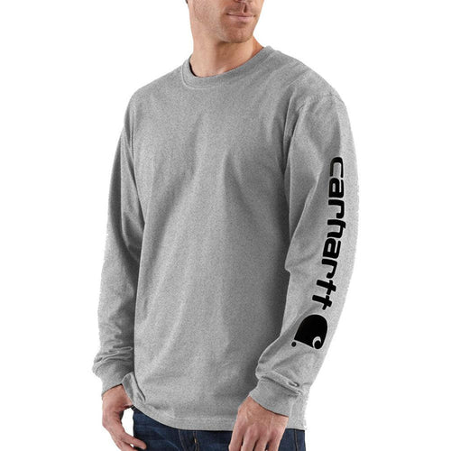 Carhartt K231 long-sleeve logo sleeve graphic t-shirt in heather grey, front view