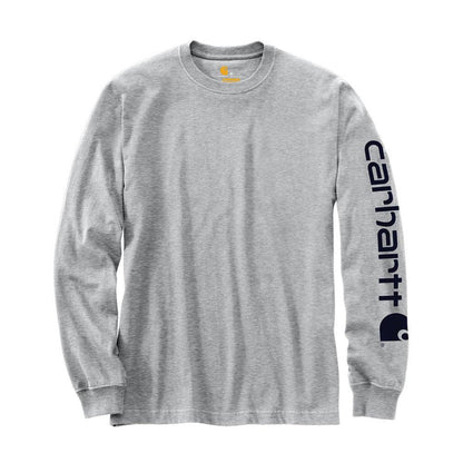 Carhartt K231 heather grey long-sleeve t-shirt with black sleeve logo, front view on model