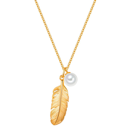 Kette mit Anhänger FEDER gold mit Perle