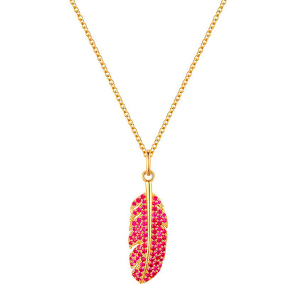 Kette mit Anhänger FEDER mit Zirkonia rot gold
