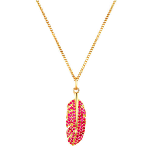 Kette mit Anhänger FEDER mit Zirkonia rot gold