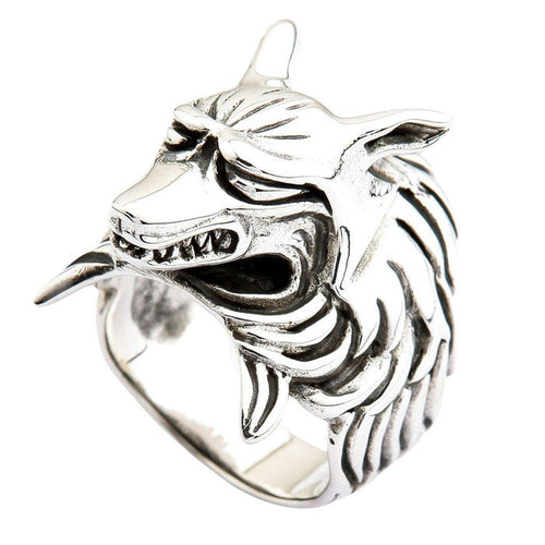 Fierce snarling kitsune fox head ring in solid sterling silver with detailed fangs, fur texture, and pointed ears