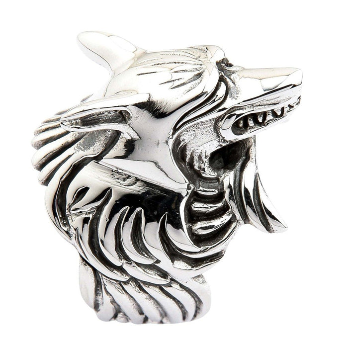 Right side view of sterling silver kitsune fox ring showcasing flowing layered mane, pointed ears, and open snarling jaw