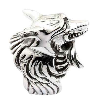 Right side view of sterling silver kitsune fox ring showcasing flowing layered mane, pointed ears, and open snarling jaw