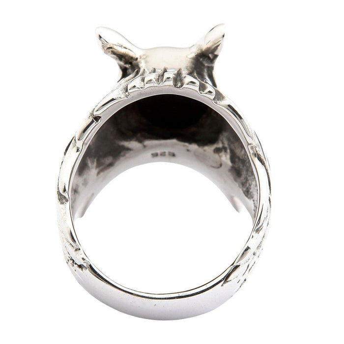 Back view showing inside of sterling silver kitsune ring with 925 hallmark stamp, pointed fox ears, and textured band